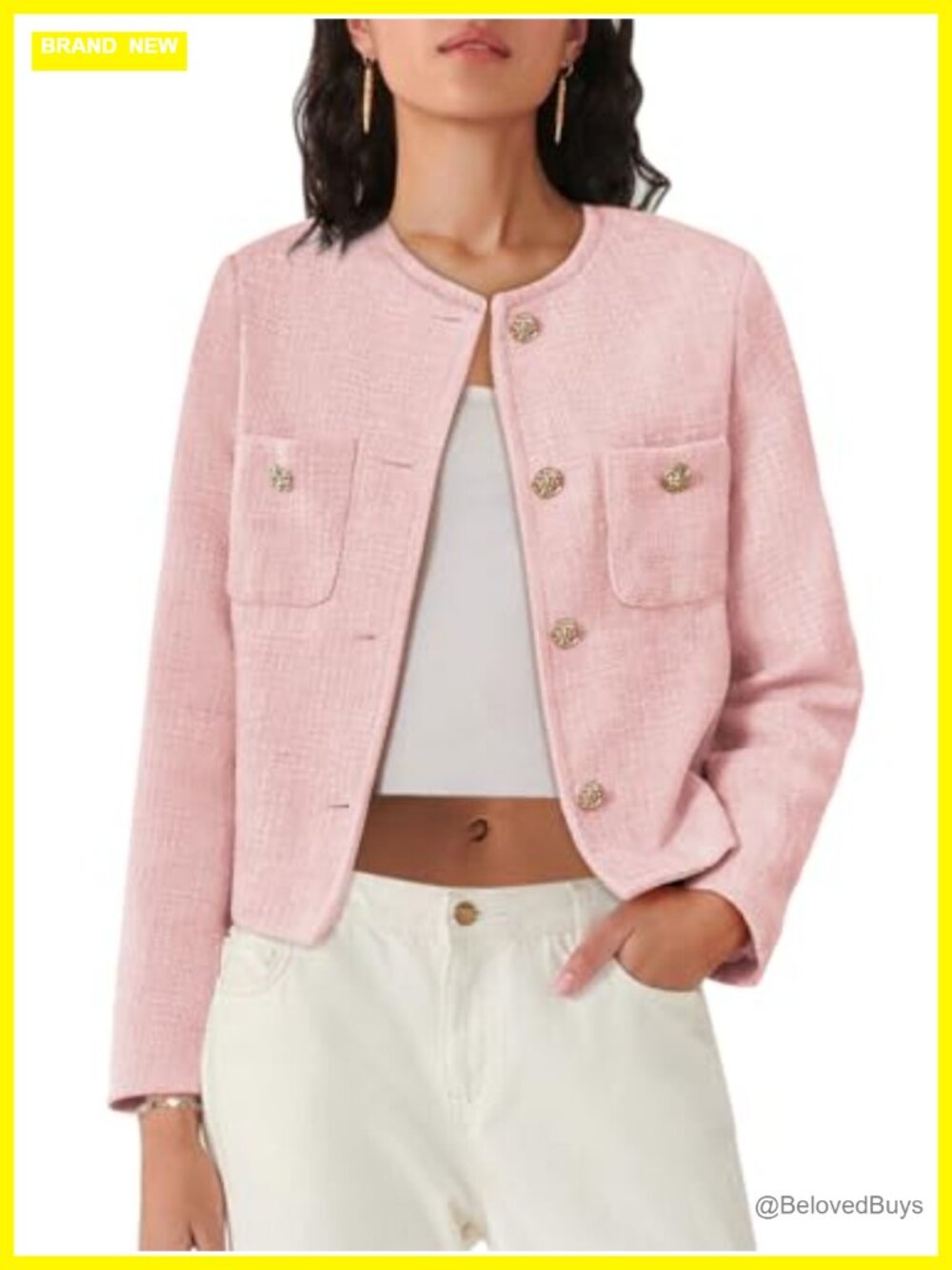 Women's Cropped Tweed Blazer Button Down Long Sleeve Jacket